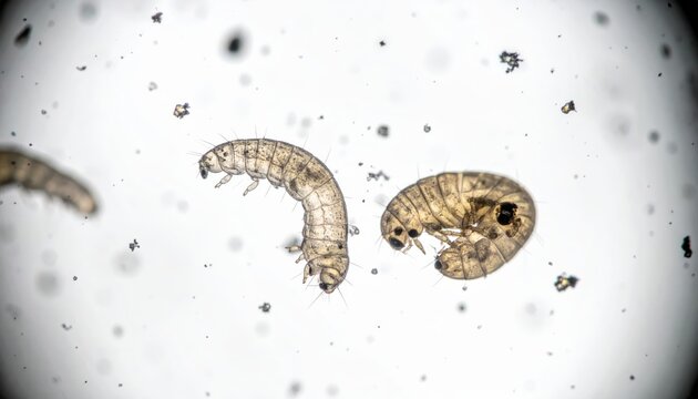 Tiny insect larvae magnified in dust particles, revealing microscopic wriggling life