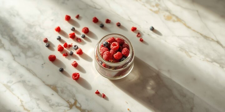 Transparent jar containing freeze dried raspberries and mixed forest berries on a marble tabletop with berry fragments nearby