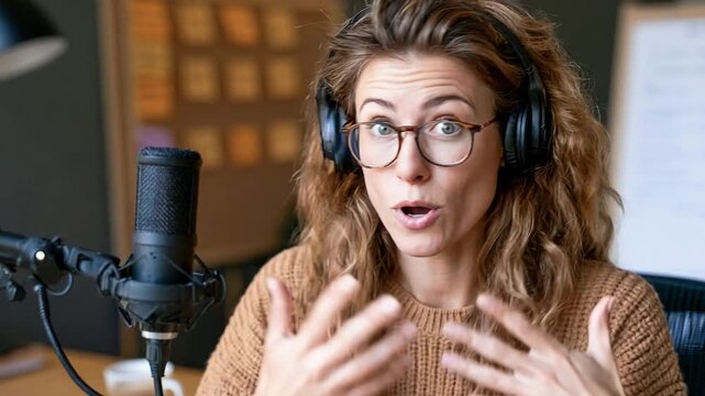 Podcast Host in Action: A female podcaster with headphones and glasses enthusiastically speaks into a microphone, her hands gesturing expressively.