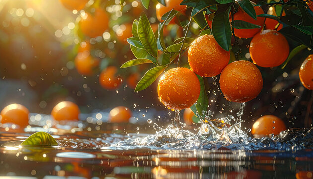 Fresh Ripe Oranges Splashing in Water Under Bright Sunlight