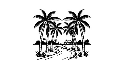Obraz premium Black and white illustration of a tropical path lined with palm trees leading to a small house.