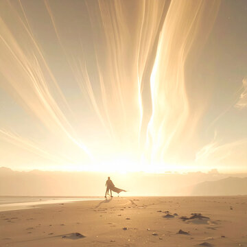 Silhouette of a person walking on a beach under ethereal golden sky