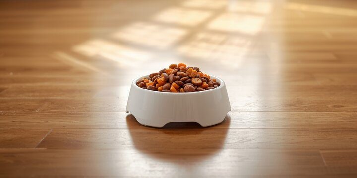 Pet food bowl filled with dry kibble on wooden floor