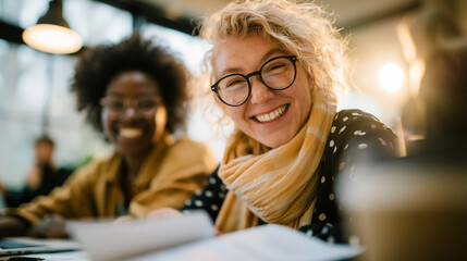 Fototapeta premium A wide shot of two young women working softly together over notes at a calm bright conference table women working open faces bright office daylight workspace full scene