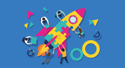Fototapeta premium A vibrant illustration depicting a diverse team of individuals collaboratively assembling a rocket from puzzle pieces, symbolizing business startup, innovation, and successful project launch.