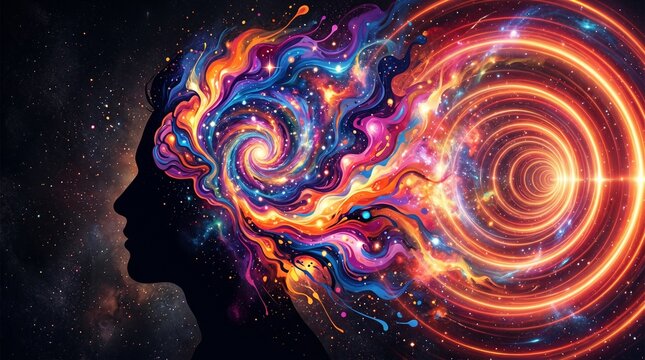 Vibrant Conceptual Illustration of a Woman's Silhouette Merging with a Cosmic Galaxy Spiral and Colorful Fluid Waves, Representing Consciousness, Imagination, Mind Power, and the Outer Space Universe