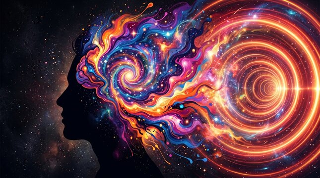 Vibrant Conceptual Illustration of a Woman's Silhouette Merging with a Cosmic Galaxy Spiral and Colorful Fluid Waves, Representing Consciousness, Imagination, Mind Power, and the Outer Space Universe