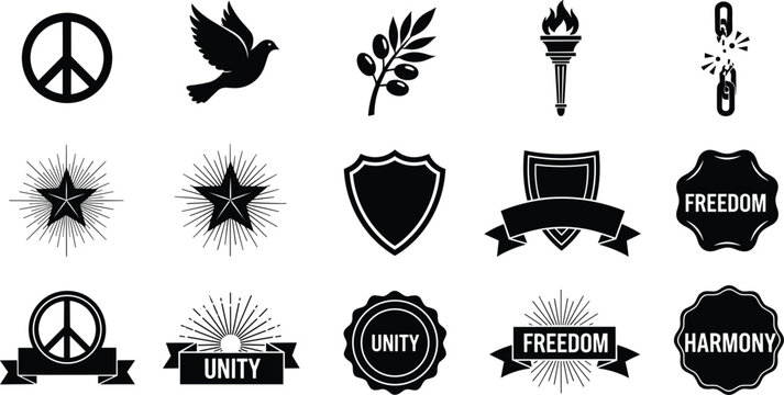 Peace Unity Freedom Vector Set with Dove Olive Branch Torch Harmony and Inspirational Badges