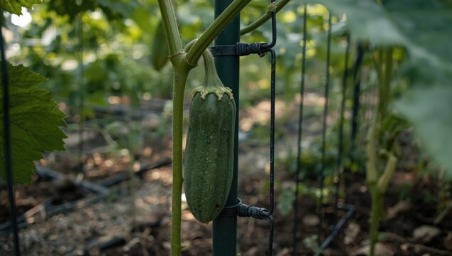 Fresh zucchini growing on a vine in a greenhouse