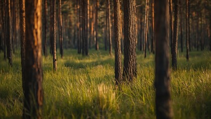 Fototapeta premium Pine woodland featuring fire marked trunks and dense grasslands representing sustainable fire control