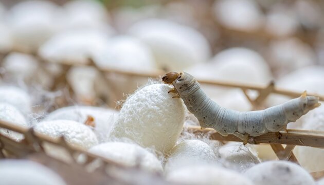 Silkworm spinning its protective chrysalis, creating a delicate silk cocoon for transformation