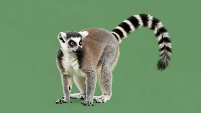 A ring-tailed lemur standing alert against a solid muted green background