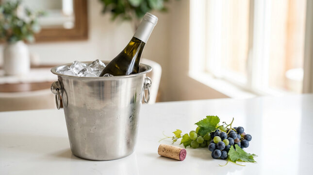 A chilled bottle of white wine in an ice bucket on a light-colored table | Chilling white wine in a metal bucket with grapes and a cork.
Concept: serving white wine, home parties, still life with a ch