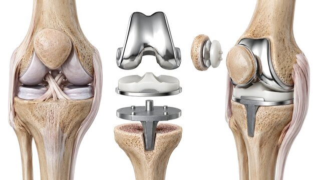 Total knee replacement anatomy showing normal knee structures, prosthetic implant components in exploded view, and implanted knee arthroplasty reconstruction.