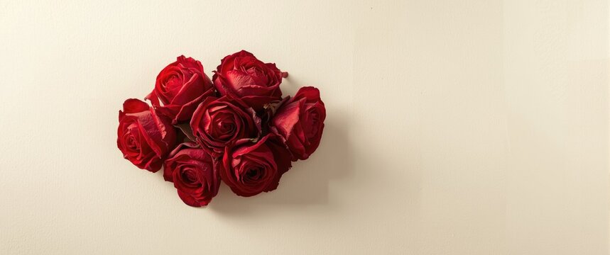Wilted ruby red roses laid on a light clean surface incorporating concealed artwork