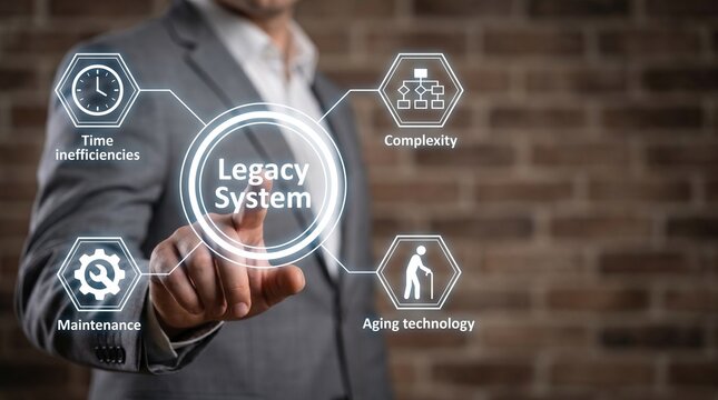 A businessman pointing at a legacy system bottlenecks on digital dashboard during strategy for cloud migration from legacy systems