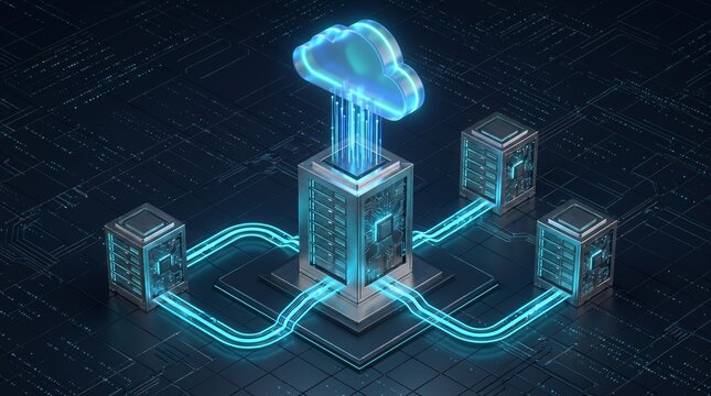 An isometric 3d server network visualization with fiber optic links to cloud hub for efficient cloud migration from legacy systems