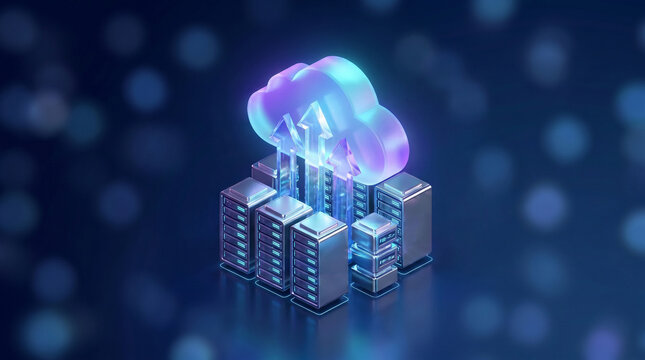 An isometric 3d server towers with upward arrows and digital cloud showing data ecosystem for cloud migration from legacy systems