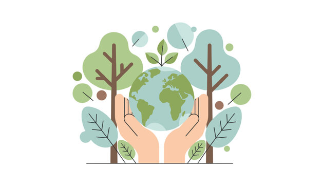 Hands cupping a globe surrounded by lush green trees for environmental protection and global sustainability efforts in nature conservation.