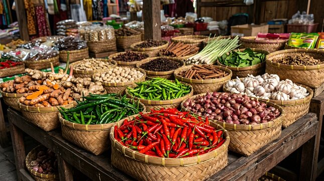 Colorful Vegetable Display Featuring Chilies Shallots And Roots