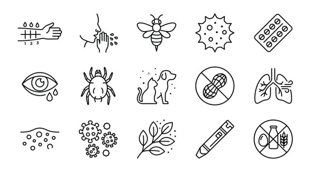 Allergy symptoms and medical testing icon vector set with minimalist black line art allergen and treatment elements