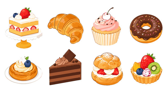 Set of pastry dessert illustrations isolated on white background