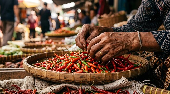 Weathered Hands Choosing Red Chilies At Traditional Vegetable Market