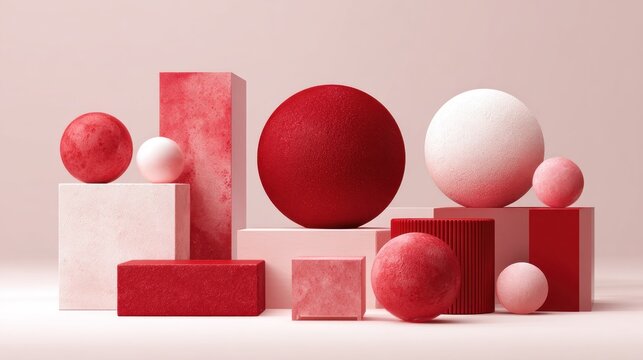 Arrangement of textured geometric solids featuring spheres and rectangular prisms in shades of red and white
