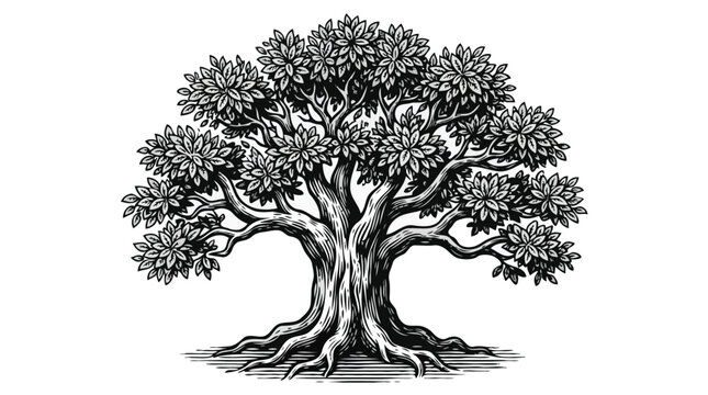 Vintage oak tree woodcut illustration isolated on white background.