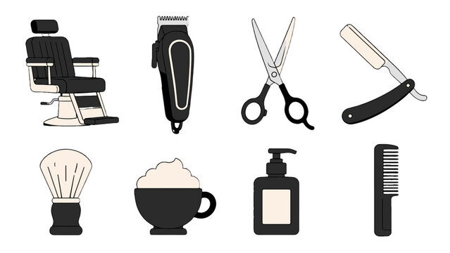 Barbershop tools and grooming equipment icon set