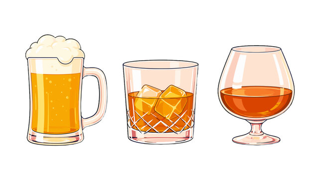 Beer mug, whiskey tumbler, and brandy snifter icon set