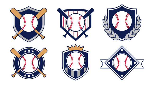 Set of baseball heraldic emblems with shields and bats