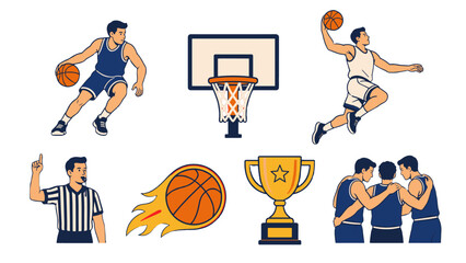 Naklejka premium Basketball players and game elements vector illustration set
