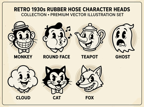 Retro 1930s Rubber Hose Character Heads Vector Collection