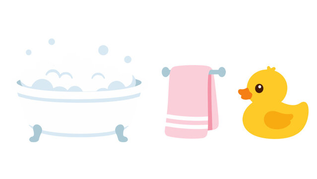 Cute bathtub with foam, towel, and yellow rubber duck