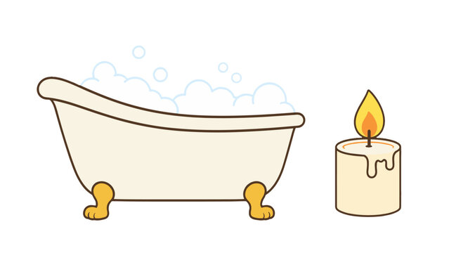 Cartoon bathtub with foam and lit candle on white background