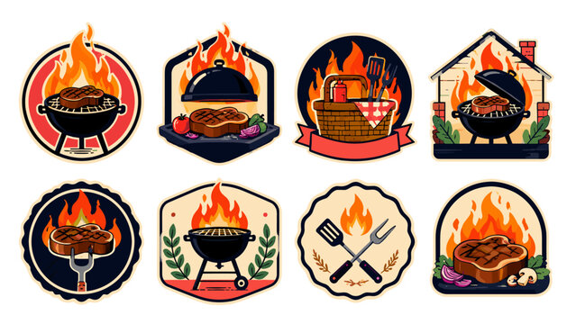 Set of barbecue badge logos with grill, steak, flame and picnic