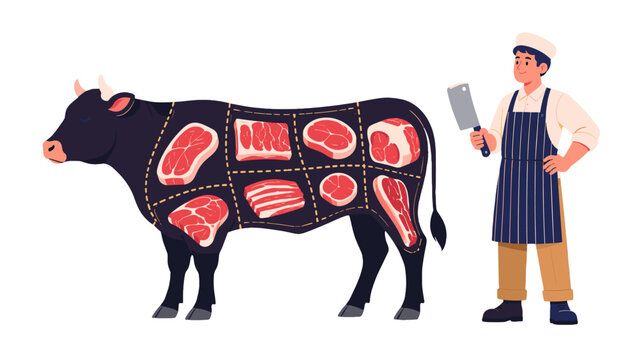 Butcher with cow silhouette and beef cuts diagram illustration