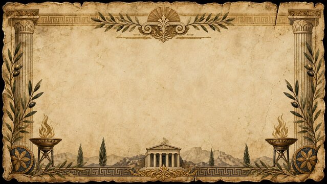Delphi Temple Ruin Ancient Greek Ionic Column Brazier Fire Background Banner
