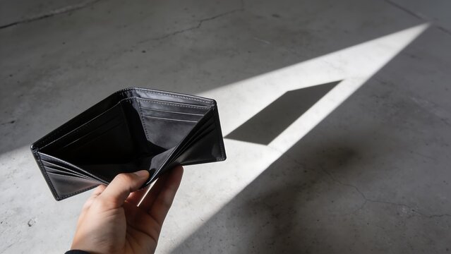 Empty Black Leather Wallet Held in Hand
