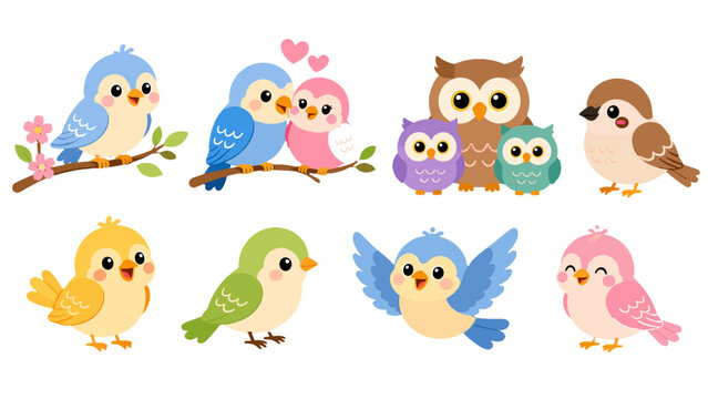Cute cartoon birds set with owls and songbirds on white