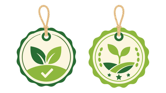 Green organic product label tags with leaf symbols