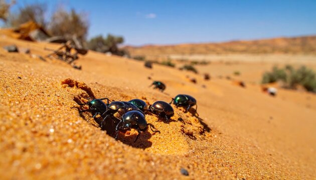 Shimmering Jewel Scarab Beetles Burrowing in Warm Desert Sand Under Bright Sunlight