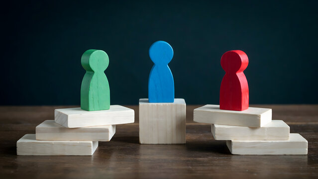 Three wooden figure pawns representing different levels on block stairs
