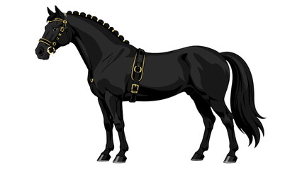Black horse in side view with braided mane and harness © Alan