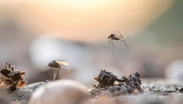 Two Fungus Gnats Hovering Near Decomposing Matter in Soft Focus Outdoor Light