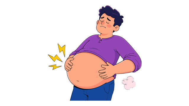 Cartoon man with bloated stomach and abdominal discomfort