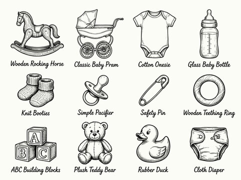 Hand drawn baby nursery icon set with rocking horse, pram, and teddy bear, isolated on white background