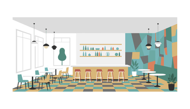 Modern cafe bar counter with stools and tables set against a geometric wall pattern for hospitality and restaurant design visualization.