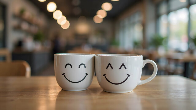 Two white coffee mugs with happy smiling faces sitting on a wooden cafe table